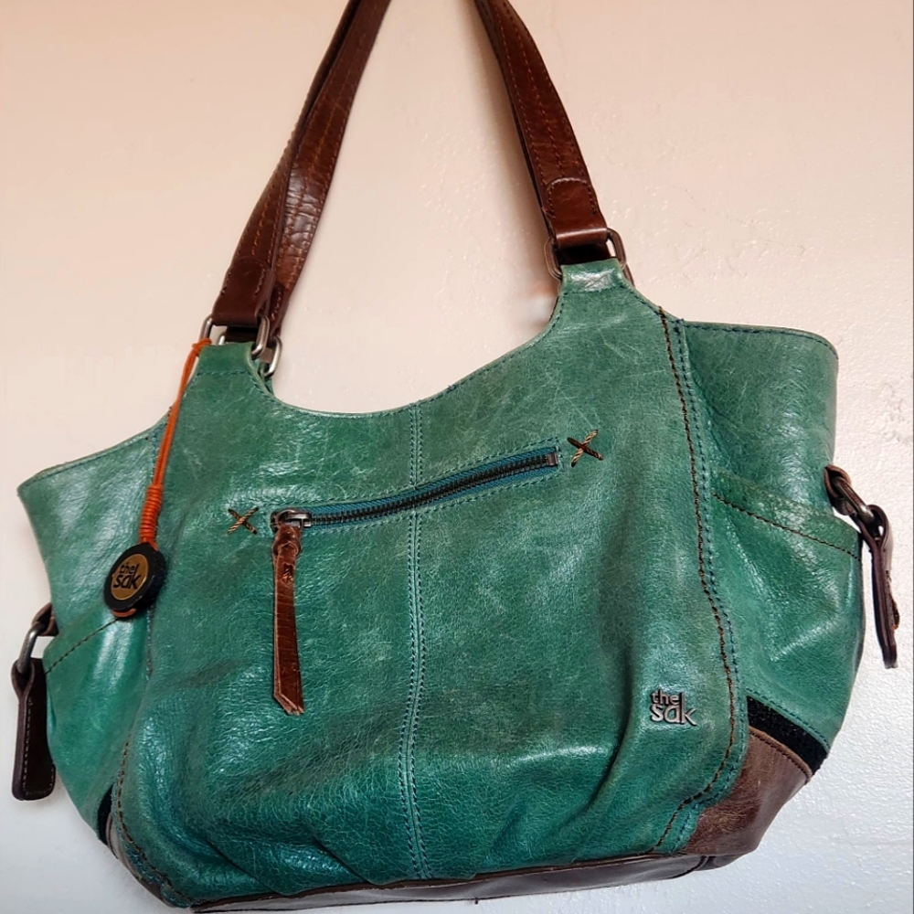 THE SAK  Green & Brown SOFT LEATHER purse HAND BAG satchel `15x10 ORGANIZER